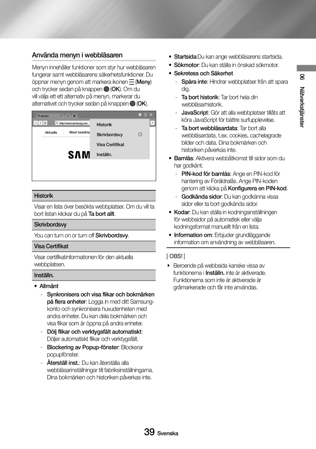 Samsung UBD-M7500/XE manual Använda menyn i webbläsaren,  Meny, Köra JavaScript för bättre surfupplevelse 